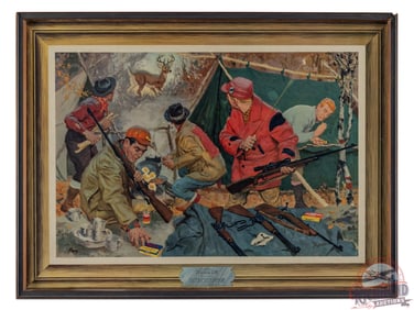 1954 Winchester Framed Advertising Sign Camping Hunter Scene w/ Deer