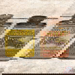 Lot of 2 Whiz Rapid Repair Enamel Metal Cans w/ Automobiles: Lot of 2 half pint metal cans with lids have some product inside. The cans feature an early car in the field with general age-related wear. 4" H.