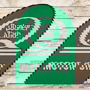 Quaker State Motor Oil Double Sided Tin Tombstone Sign: Double sided aluminum tombstone sign with rubber surround has excellent color and shine. Side #1 has light wear in the fields, two scratches in the upper left outer field and small dings in the outer