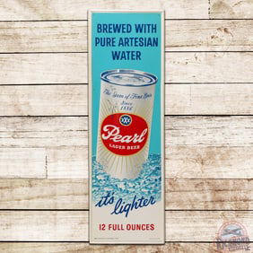 NOS Pearl Lager Beer Emb. Single Sided Tin Sign San Antonio Texas w/ Can