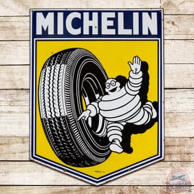 1960 Michelin Single Sided Porcelain Die Cut Sign w/ Bibendum & Tire