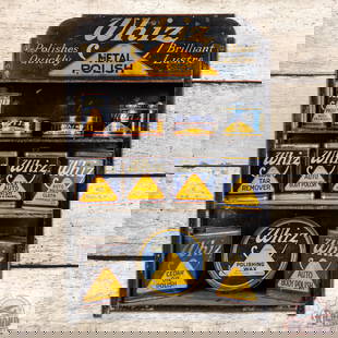 Whiz Metal Polish Advertising Display w/ 11 Metal Cans: SST (single sided tin) metal display rack with eleven metal cans has good color. The display portion has general wear to the sign with toning, paint chips and two non-factory holes in the sign. The ca