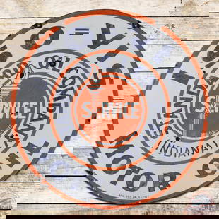 Standard Oil Company of Indiana ISO=VIS Motor Oil 30" Double Sided Porcelain Sign w/ Torch: DSP (double sided porcelain) sign has moderate color. Side #1 has chips in the fields with discoloration, fading and low gloss. The perimeter has chips at the upper mount holes and edges. The reverse