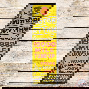 Whiz Motor Rhythm "Stops Bucking Ends Knocking" Framed Single Sided Tin Sign: SST (single sided tin) sign with added plexiglass and frame has excellent color and shine. The sign has fine scratches, light wear and horizontal bends in the upper fields. The frame is in excellent c