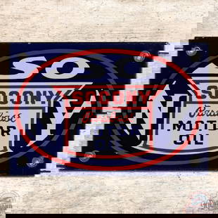 Socony Parabase Motor Oil Single Sided Porcelain Sign w/ Logo: SSP (single sided porcelain) sign has very good color and gloss. The field exhibits light surface wear with a nick in the "Y" in the outer right field. The perimeter has fine scratches with tiny edge