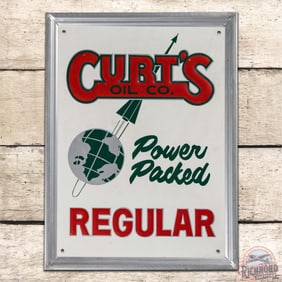 Stunning Curt's Oil Co. Power Packed Regular Gasoline Emb Single Sided Tin Pump Plate Sign w/ Rocket
