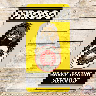 Ferodo Brake Testing Service Single Sided Tin Sign w/ Lion: SST (single sided tin) sign has excellent color and shine. The field is clean with minor wear in the outer fields. The perimeter has small paint chips with light wear and minor bends at the center lef