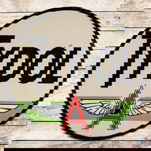 Tydol Flying A Gasoline 6' Double Sided Porcelain ID Sign: DSP (double sided porcelain) sign has excellent color and gloss. The display has light surface wear with small chips in the fields and edges. The reverse has additional chips and wear in the fields.