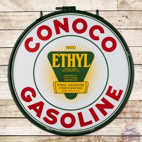 Excellent Conoco Ethyl Gasoline 30" Double Sided Porcelain Sign w/ Ring "Green Burst"