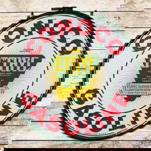 Excellent Conoco Ethyl Gasoline 30" Double Sided Porcelain Sign w/ Ring "Green Burst": DSP (double sided porcelain) sign with ring has outstanding color and gloss. Side #1 has minor surface imperfections in the field with small chips along the perimeter. The reverse is in a very similar