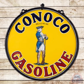 Conoco Gasoline 25.5" Double Sided Porcelain Sign w/ Ring & Minuteman