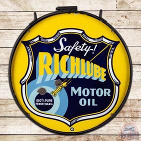 Richlube 100% Pure Pennsylvania Motor Oil 24" Double Sided Porcelain Sign w / Ring & Racecar