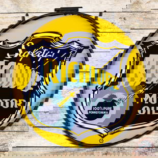 Richlube 100% Pure Pennsylvania Motor Oil 24" Double Sided Porcelain Sign w / Ring & Racecar: DSP (double sided porcelain) sign with ring has outstanding color and gloss. Side #1 has chips in the field with minor surface imperfections. The perimeter has chips at the mounting holes and edges.