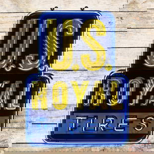 U.S. Royal Tires 6' Emb. Single Sided Porcelain Factory Neon Sign: SSP (single sided porcelain) embossed factory 2-piece neon sign with metal can has excellent color and gloss. The field has unused stand supports with light wear and chips at the mounting screws and i