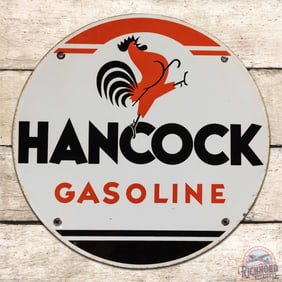 Incredible Hancock Gasoline Single Sided Porcelain Pump Plate Sign w/ Rooster