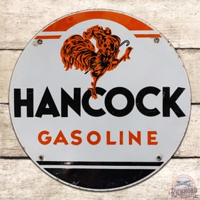 Early Hancock Gasoline Single Sided Porcelain Pump Plate Sign w/ Rooster Logo