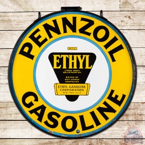 Stunning Pennzoil Ethyl Gasoline 30" Double Sided Porcelain Sign w/ Ring "No Burst"