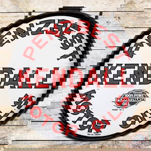 Kendall Penzbest Motor Oil 24" Double Sided Porcelain Sign w/ Ring: DSP (double sided porcelain) sign with ring has excellent color and gloss. Side #1 has one small chip in the field with minor surface marks. The perimeter has small chips at the mount holes with