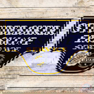 Impressive Studebaker Erskine Service 4' Double Sided Porcelain Sign w/ Logos: DSP (double sided porcelain) die cut sign has excellent color and gloss. The display field is very clean overall with minor surface imperfections. The perimeter has a small tear with chip on the lower
