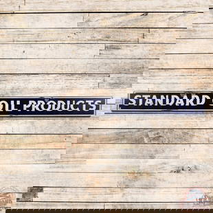 Standard Oil Products 10' Horizontal Emb. Single Sided Porcelain Sign: SSP (single sided porcelain) embossed self-framed sign has good color and moderate gloss. The field has surface wear with chips and fine scratches. The outer fields have larger chips with two added ho