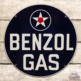 1950 Benzol Gas Single Sided Tin Pump Plate Sign w/ Logo