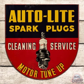 Auto-Lite Spark Plugs "Cleaning Service Motor Tune Up" Double Sided Tin Flange Sign