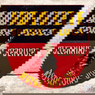 Auto-Lite Spark Plugs "Cleaning Service Motor Tune Up" Double Sided Tin Flange Sign: DST (double sided tin) die cut sign has very good color and shine. Side #1 has fine scratches with areas of oxidation and blistered paint in the fields. The perimeter has additional wear with small pa