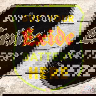 Rare Buy Your Exide Battery Here Die Cut Single Sided Porcelain Shield Sign: SSP (single sided porcelain) die cut sign has good color and gloss. The field has chips with fine scratches and areas of discoloration in the lower fields. The black porcelain enamel has areas of