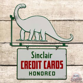 1959 Sinclair Credit Cards Honored Double Sided Porcelain Sign w/ Bracket & Dino Attachment