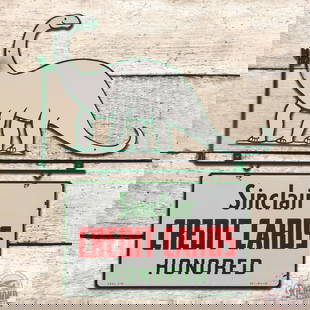 1959 Sinclair Credit Cards Honored Double Sided Porcelain Sign w/ Bracket & Dino Attachment: DSP (double sided porcelain) sign with added custom Dino and bracket has excellent color and gloss. Side #1 has light surface wear and tiny flea bites in the fields. The perimeter has small chips at