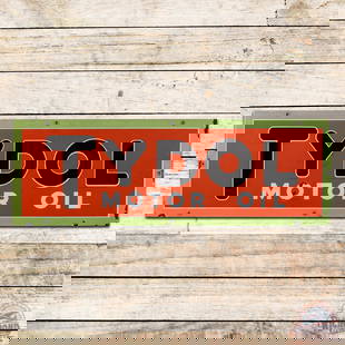 Tydol Motor Oil Single Sided Porcelain Sign: SSP (single sided porcelain) sign has good color and gloss. The field has chips in the "O" with areas of discoloration and cloudiness. The perimeter has chips along the outer edges and all eight