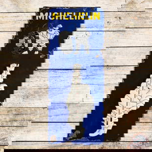 Michelin Tires Single Sided Porcelain Sign w/ Bibendum & Thermometer: SSP (single sided porcelain) rolled edge sign with added 3-dimensional Bibendum thermometer has very good color and gloss. The field has light surface wear with a slight cloudiness to the blue