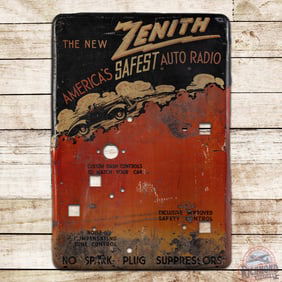 Zenith America's Safest Auto Radio Single Sided Tin Sign w/ Roadster