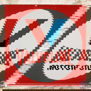 Valvoline Motor Oil 30" Double Sided Tin Sign w/ Logo: DST (double sided tin) sign has excellent color and shine. Side #1 has light wear with marks in the fields and a minor indentation in the right field. The perimeter has an added mounting hole at 12 o'