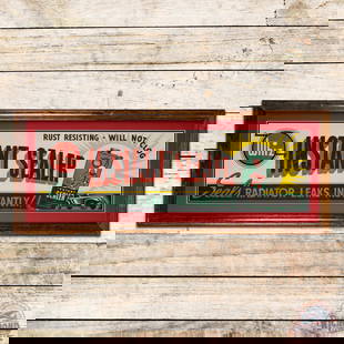 Whiz Instant Sealer "Seals Radiator Leaks Instantly" Framed Advertising Poster w/ Can & Car: Single-sided professionally framed advertising poster has excellent color. The poster has vertical fold marks in the fields with minor surface imperfections. The perimeter is clean and the frame is in