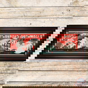 Whiz Tyre Wyte "White Rubber Side Walls" Framed Advertising Poster w/ Man & Automobiles: Single-sided, professionally framed poster has excellent color. The field has fold marks with small stress tears and paint chips. The perimeter has areas of minor discoloration with a stress tear at t