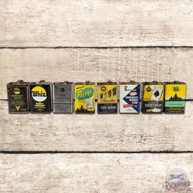 Group of 8 Whiz Automotive Themed Advertising Gallon Cans Black Ace & Speedy Car Wash