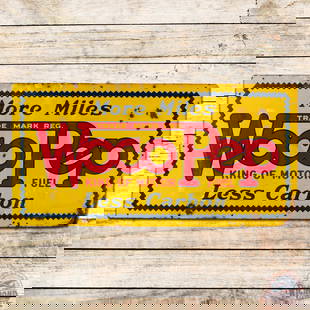 WocoPep "King of Motor Fuel" More Miles Less Carbon 5' Double Sided Porcelain Sign: DSP (double sided porcelain) sign has good color and moderate gloss. Side #1 has surface wear with areas of discoloration, chips and non-factory holes in the outer fields. The perimeter has