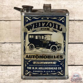 Whizoil For Automobiles & Motorcycles One Gallon Metal Can w/ Early Automobile