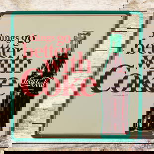 NOS 36" Things go better with Coke & Bottle Tin Sign: NOS (new old stock) Large 36" Version SST (single sided tin) sign with Self framed border. Has excellent color and gloss and a clean bottle graphic. The field of the sign is in excellent condition wit
