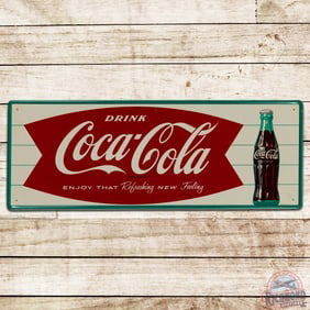 Fantastic Drink Coca Cola Refreshing New Feeling w/ Bottle & Fishtail Logo Tin Sign