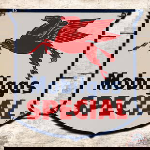 Stellar 1947 Mobilgas Special Single Sided Porcelain Pump Plate Sign w/ Pegasus: SSP (single sided porcelain) die cut sign has excellent color and gloss. The field is very clean overall with minor surface imperfections. The perimeter has a chip on the upper left edge. All four fac