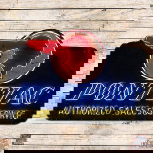 Pontiac Authorized Service 7.5' Die Cut Single Sided Tin Neon Sign w/ Full Feather Logo: SST (single sided tin) die cut sign with added neon and metal can has good color and moderate shine. The sign features three color neon with a flashing full feather Native American graphic. The sign h