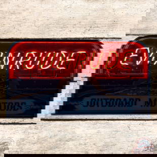 Amazing Evinrude Outboard Motors Reverse Painted Glass Neon Advertising Sign: Fantastic reverse-painted glass sign with neon lettering and metal can. The neon is vibrant and the outer face is in excellent condition with eye-catching graphics. The can and trim ring show signs of
