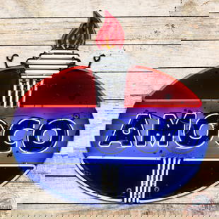 Amoco Gasoline w/ Flame 4' Single Sided Porcelain Neon Sign: SSP (single sided porcelain) die cut sign with added neon and metal can has good color and gloss. The sign features sequenced flash "Amoco" lettering with flashing upper flame, which gives the illusio