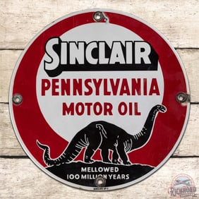 Sinclair Pennsylvania Motor Oil "Mellowed 100 Million Years" 11" Porcelain Sign w/ Black Dino