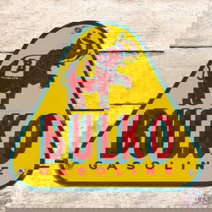 Scarce Bulko Gasoline Single Sided Porcelain Sign w/ Elephant: SSP (single sided porcelain) sign has very good color and gloss. The field has light wear with areas of discoloration in the yellow porcelain enamel. The perimeter has small chips along the outer edge