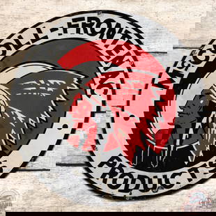 Scarce McColl-Frontenac Red Indian Products 24" Single Sided Porcelain Sign w/ Native American: SSP (single sided porcelain) sign has very good color and gloss. The sign features a large Red Indian graphic in the field with classic McColl Frontenac colors. The sign has areas of wear with