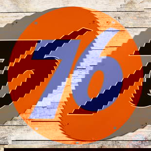 Exceptional Union 76 Motor Oils Gasoline 30" Single Sided Porcelain Sign: Amazing SSP (single sided porcelain) sign has day one color and gloss. The fields are exceptionally clean. The perimeter has minor discoloration at the upper left mount hole and a few tiny chips on