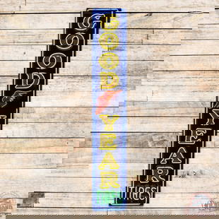 Goodyear Tires 8' Single Sided Porcelain Neon Sign w/ Wingfoot: SSP (single sided porcelain) vertical sign with added neon and metal can has very good color and gloss. The field exhibits fine scratches with small chips. The perimeter chips at the mount holes and e